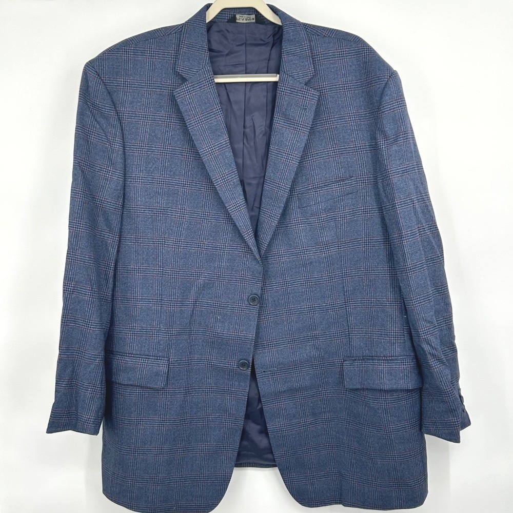 Jos. A. Bank Mens Blazer 50L Blue Plaid 100% Wool Signature Collection Preppy